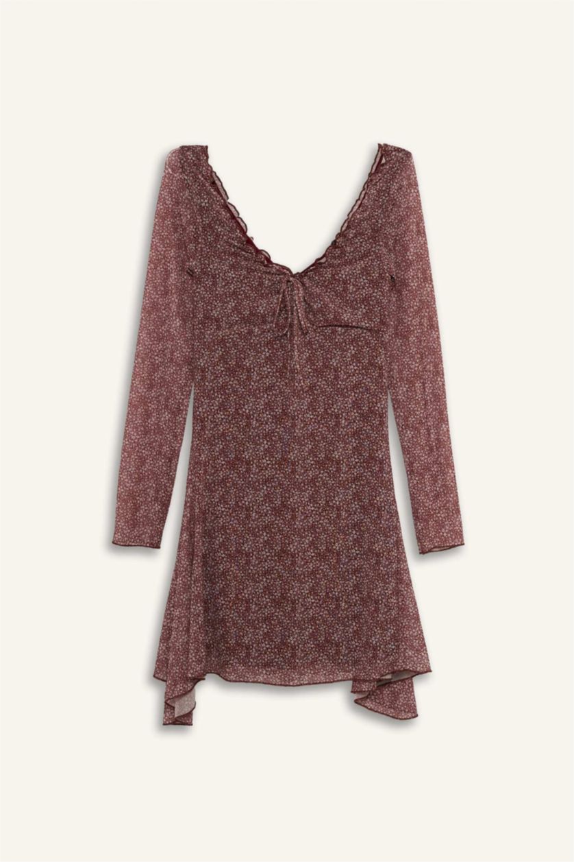 Woman Bordeaux V-Neck Floral Tulle Mini Dress