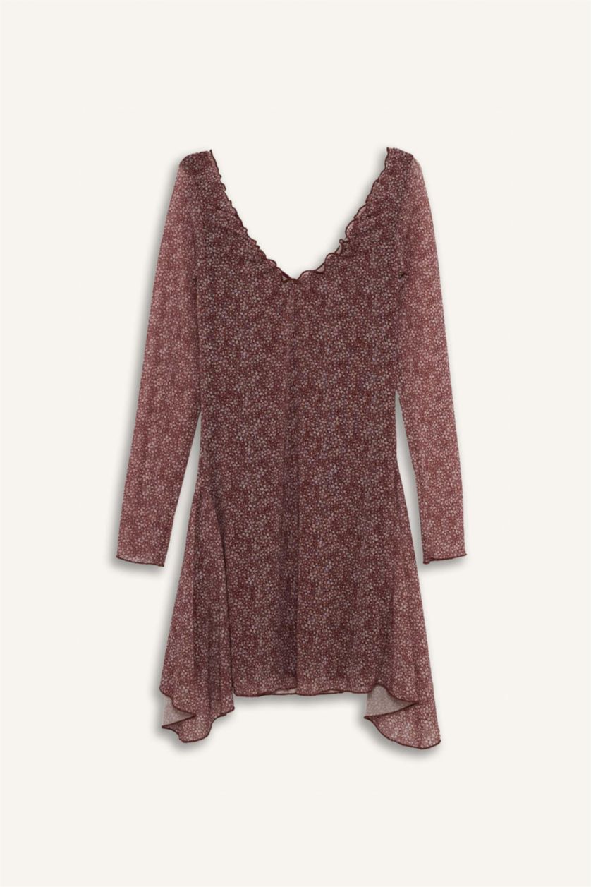 Woman Bordeaux V-Neck Floral Tulle Mini Dress