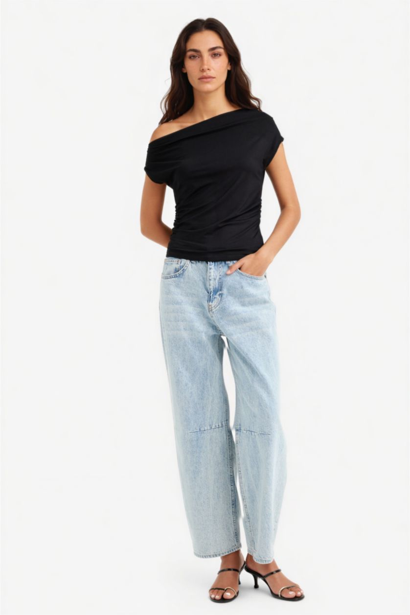 Woman Black Slim Fit One Shoulder T-Shirt