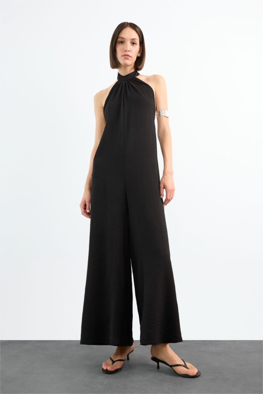 Woman Black Wide Leg Long Jumpsuit