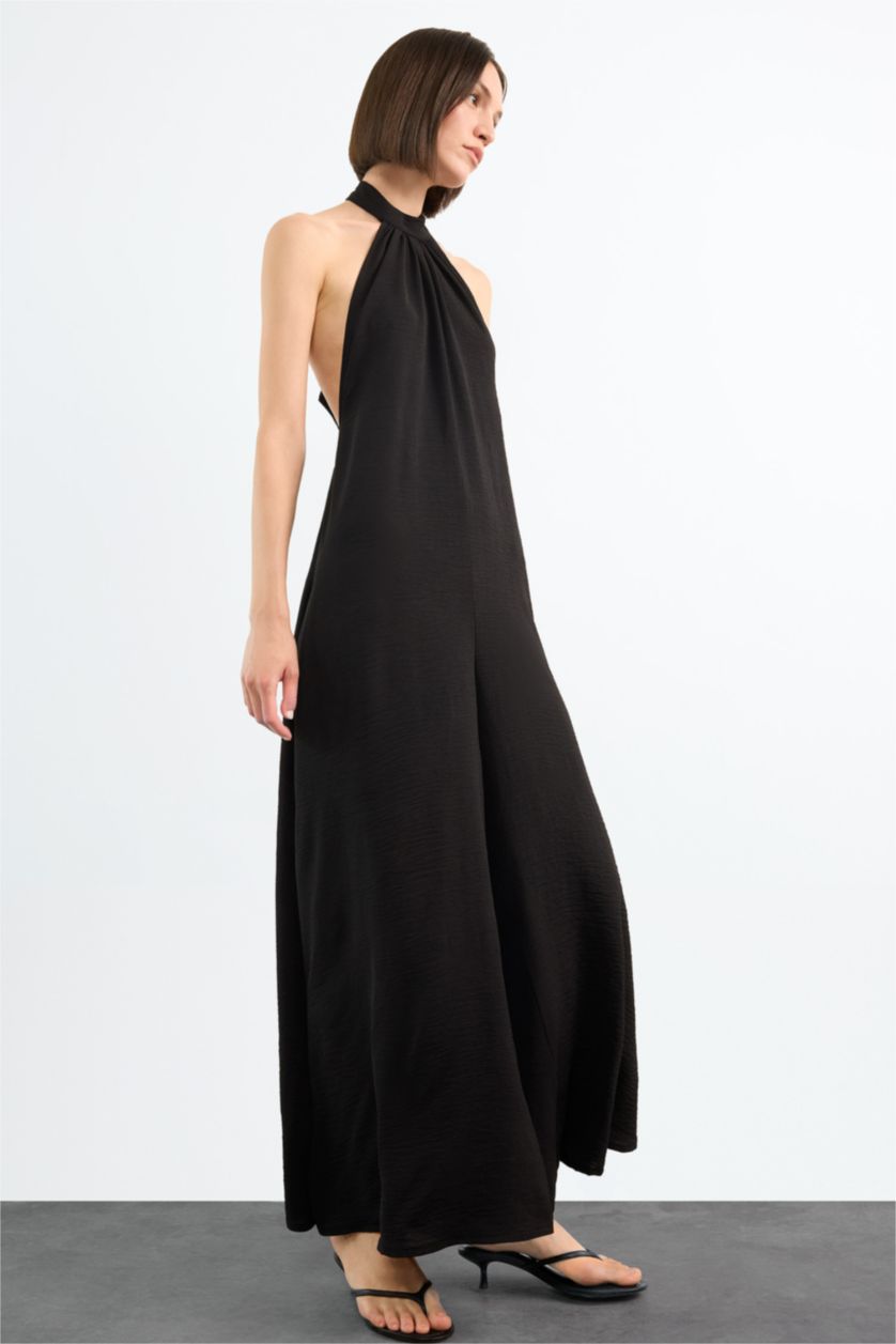 Woman Black Wide Leg Long Jumpsuit