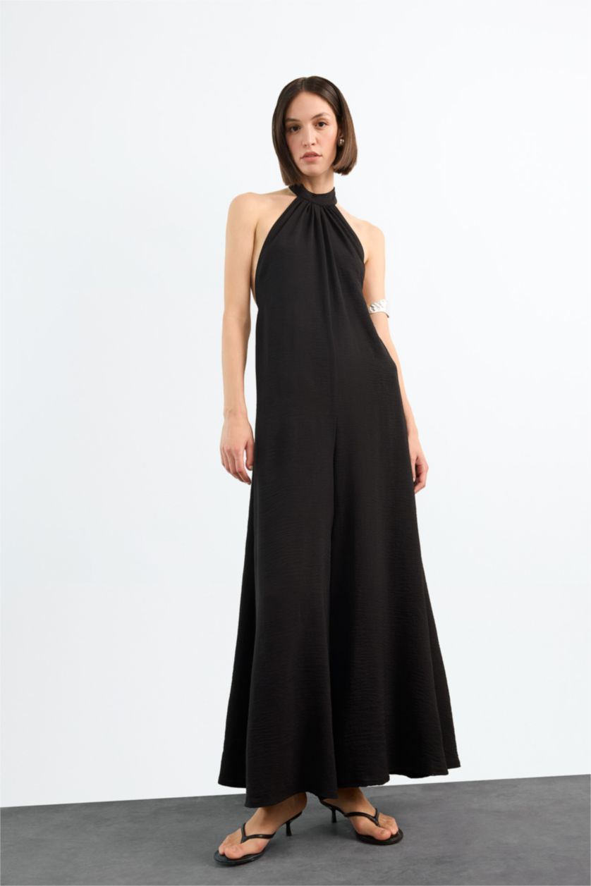 Woman Black Wide Leg Long Jumpsuit
