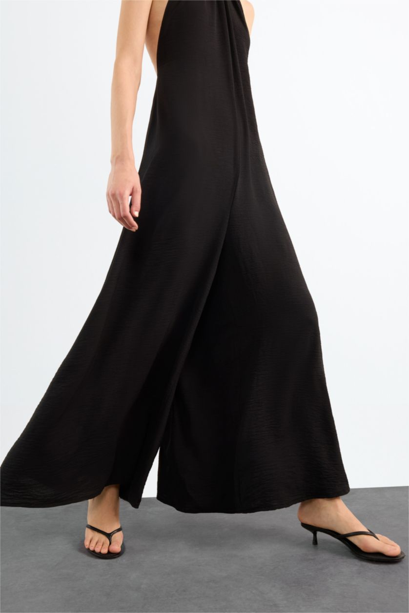Woman Black Wide Leg Long Jumpsuit