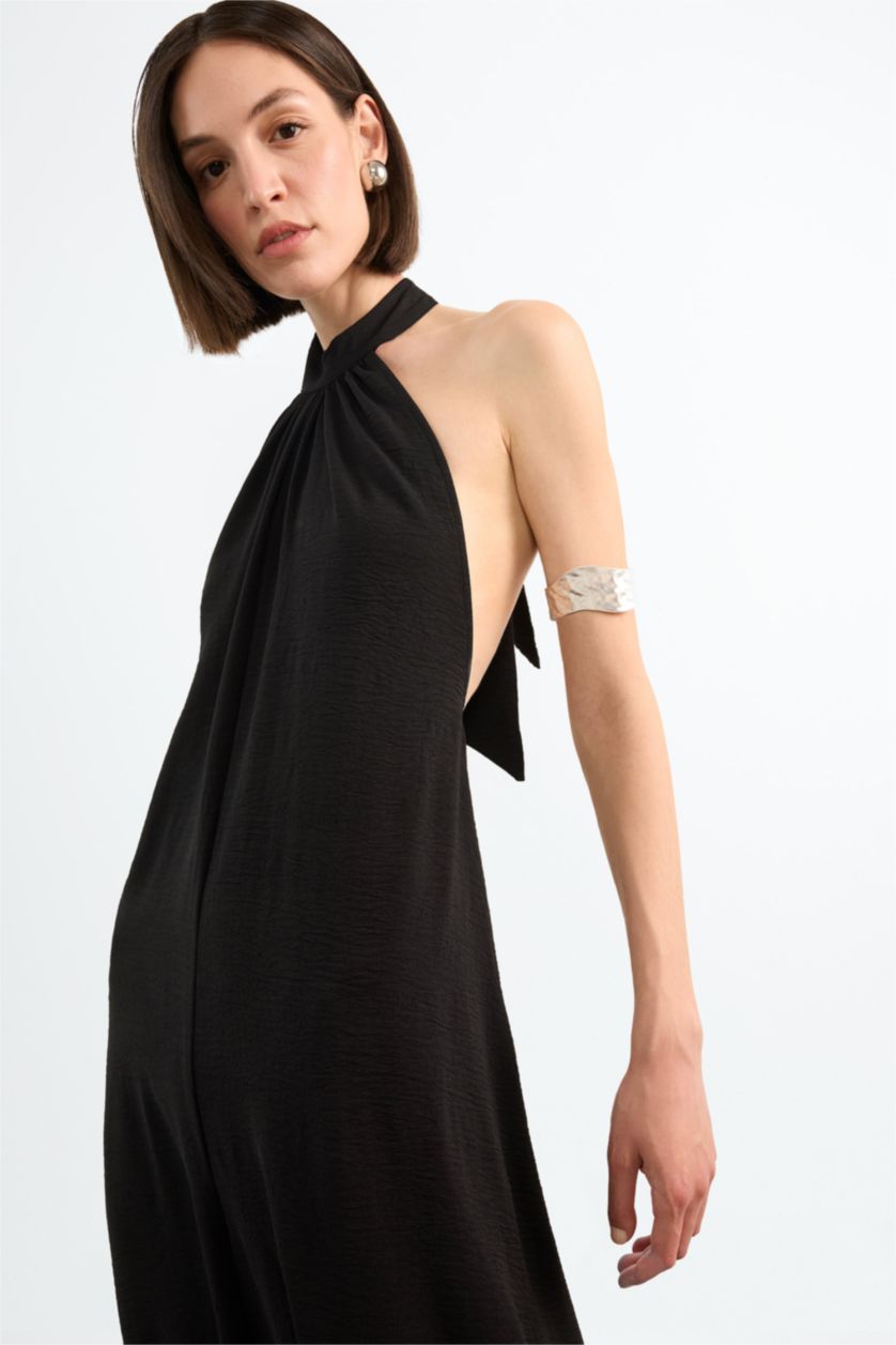 Woman Black Wide Leg Long Jumpsuit