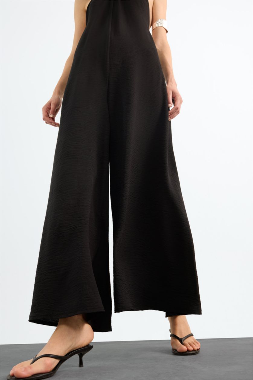 Woman Black Wide Leg Long Jumpsuit