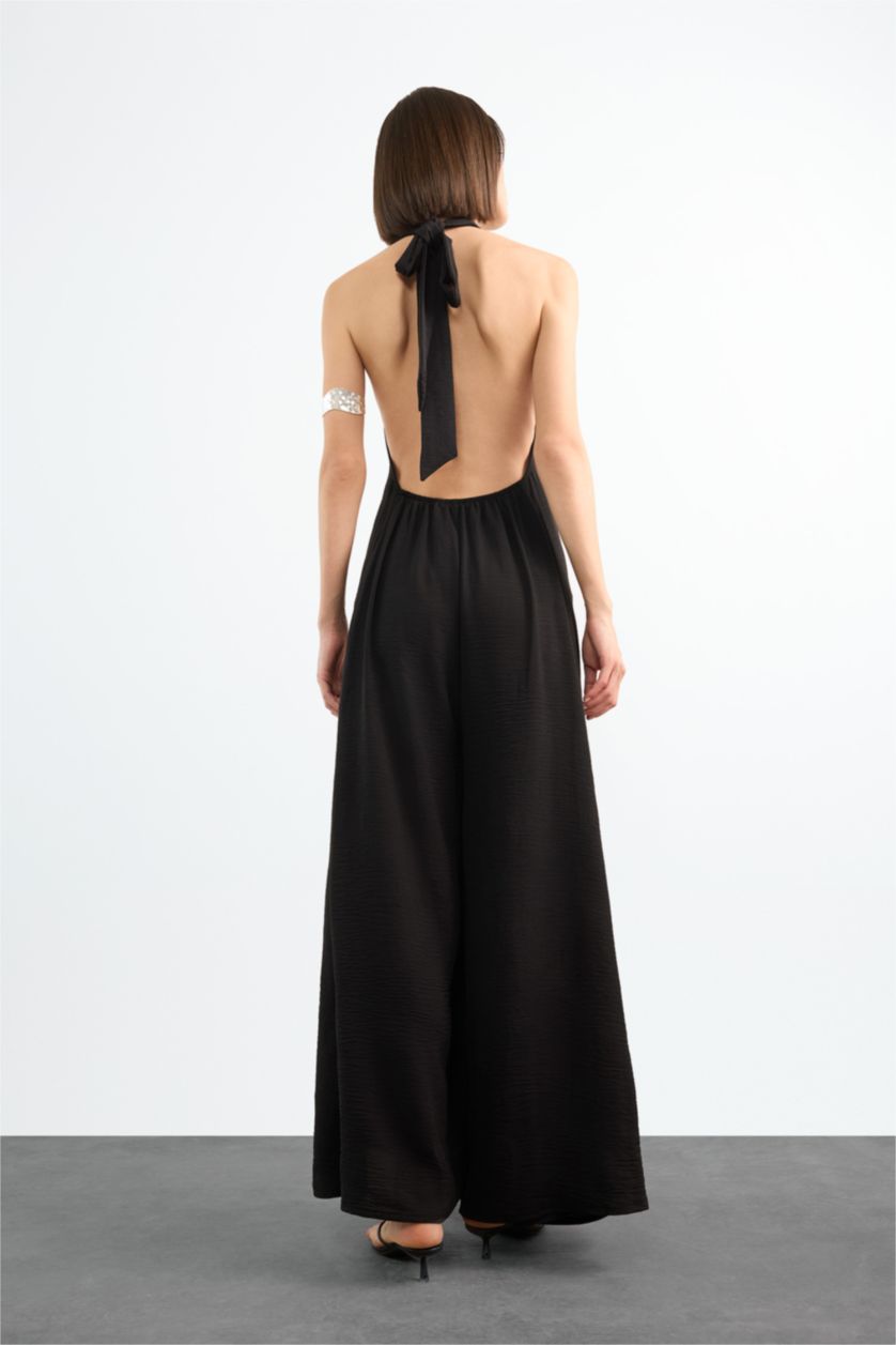 Woman Black Wide Leg Long Jumpsuit