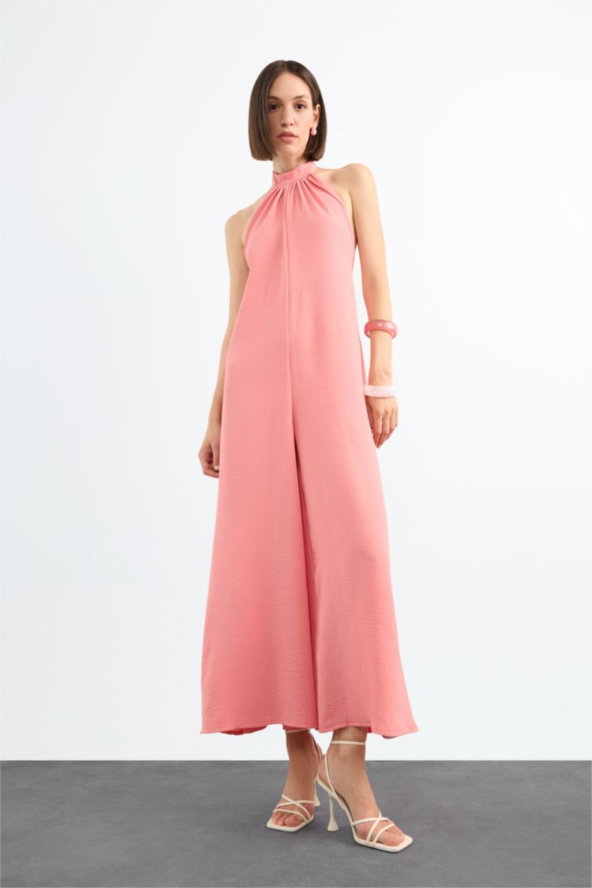 Kadın Somon Boyundan Bağlamalı Geniş Paça Uzun Tulum