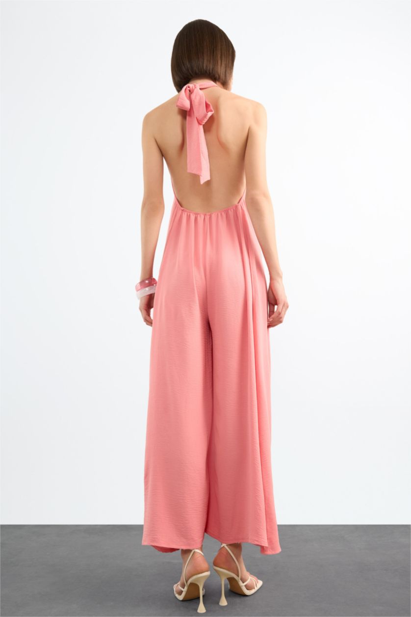 Kadın Somon Boyundan Bağlamalı Geniş Paça Uzun Tulum