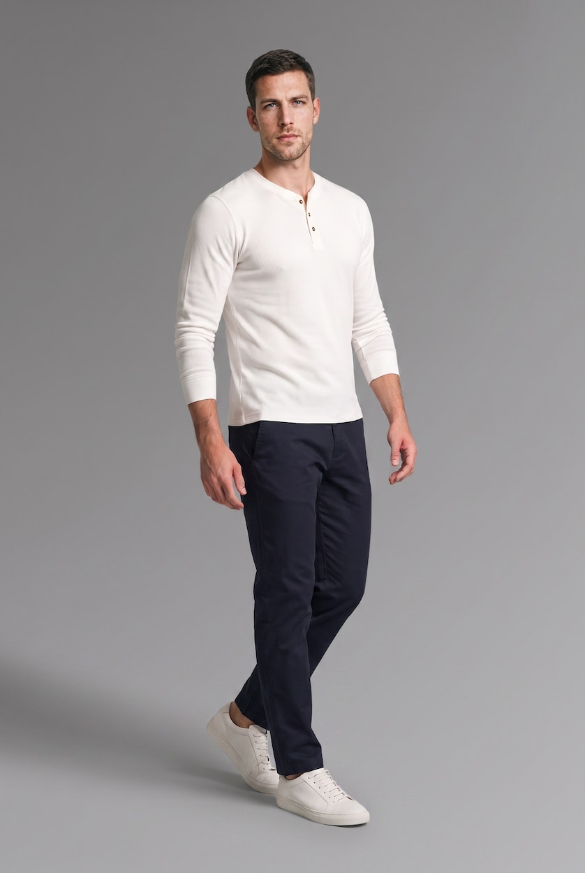 HOMME Écru T-shirt en maille gaufrée à manches longues et col Henley Coupe slim