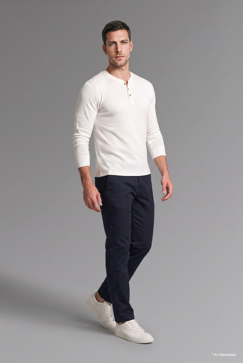 Men Ecru Slim Fit Textured Knit Long Sleeve Henley T-Shirt