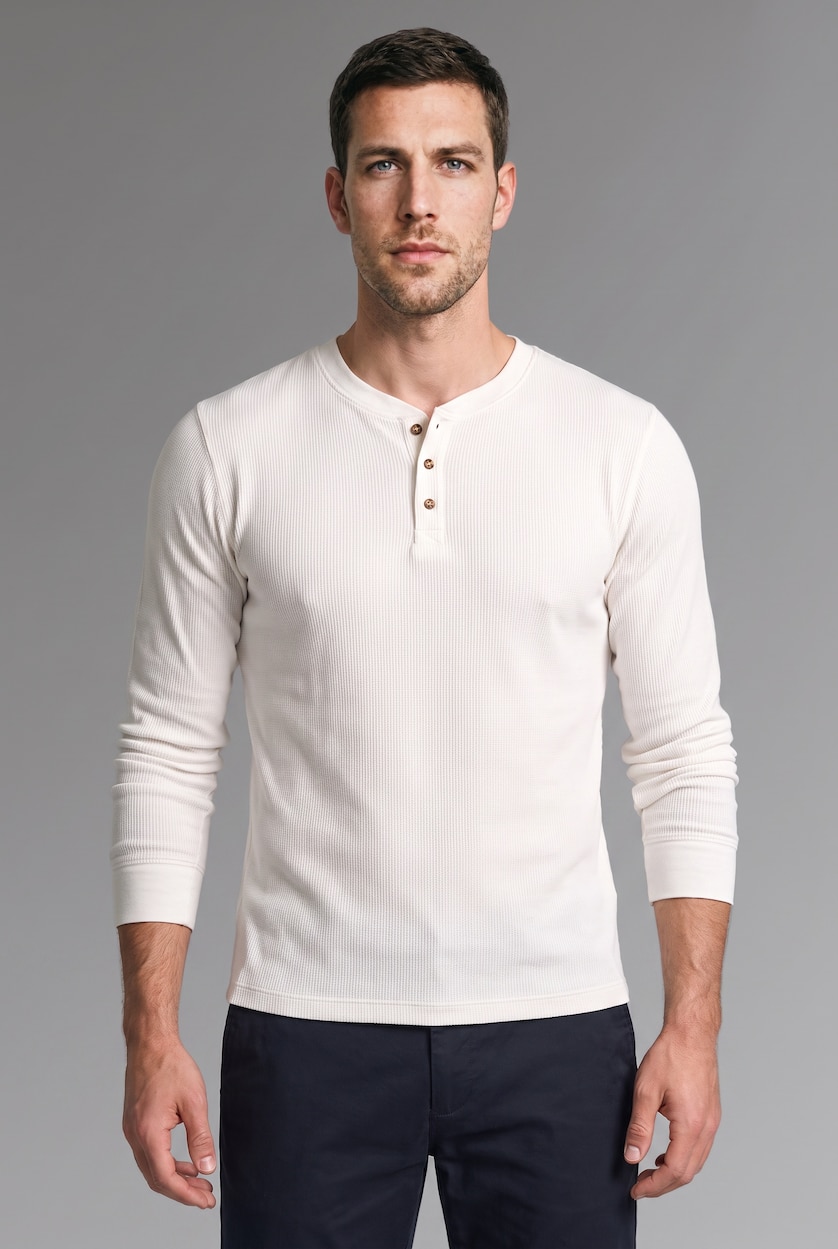 HOMME Écru T-shirt en maille gaufrée à manches longues et col Henley Coupe slim