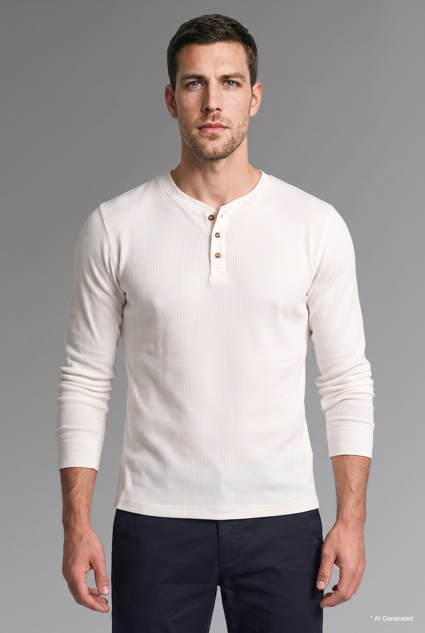 Men Ecru Slim Fit Textured Knit Long Sleeve Henley T-Shirt