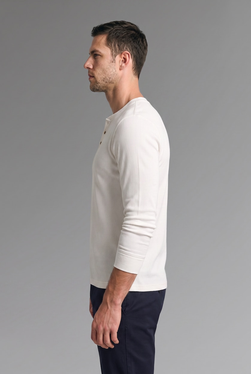 HOMME Écru T-shirt en maille gaufrée à manches longues et col Henley Coupe slim