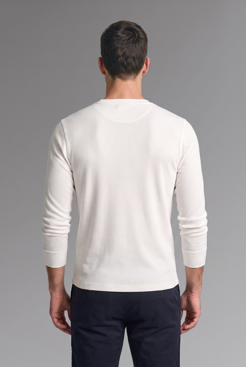 HOMME Écru T-shirt en maille gaufrée à manches longues et col Henley Coupe slim