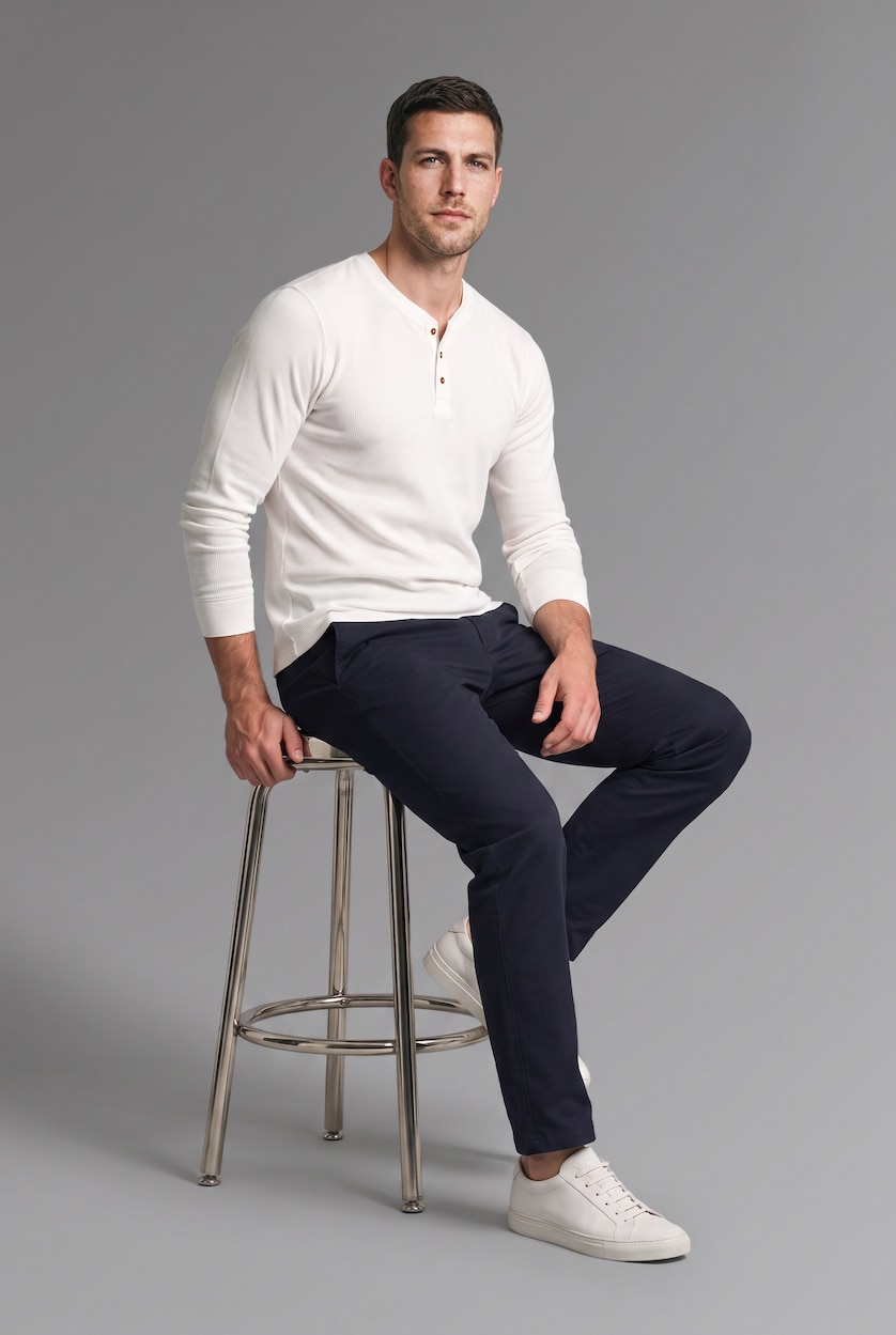 HOMME Écru T-shirt en maille gaufrée à manches longues et col Henley Coupe slim
