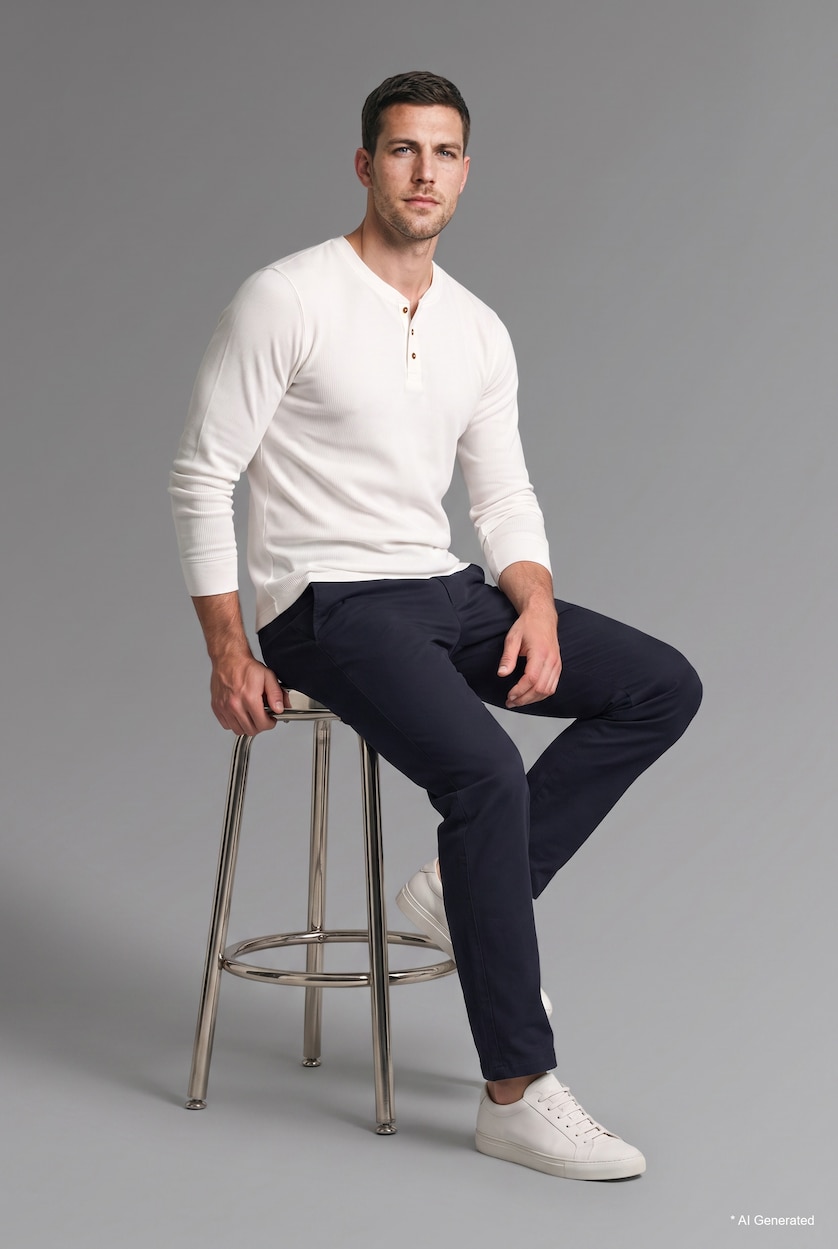 Men Ecru Slim Fit Textured Knit Long Sleeve Henley T-Shirt