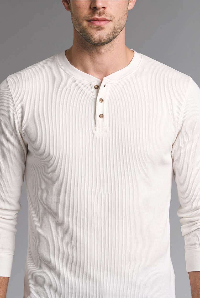 HOMME Écru T-shirt en maille gaufrée à manches longues et col Henley Coupe slim
