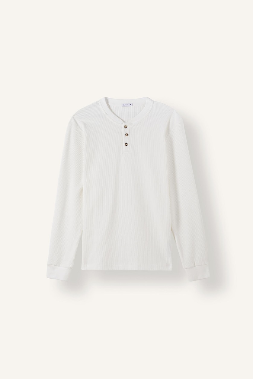 HOMME Écru T-shirt en maille gaufrée à manches longues et col Henley Coupe slim