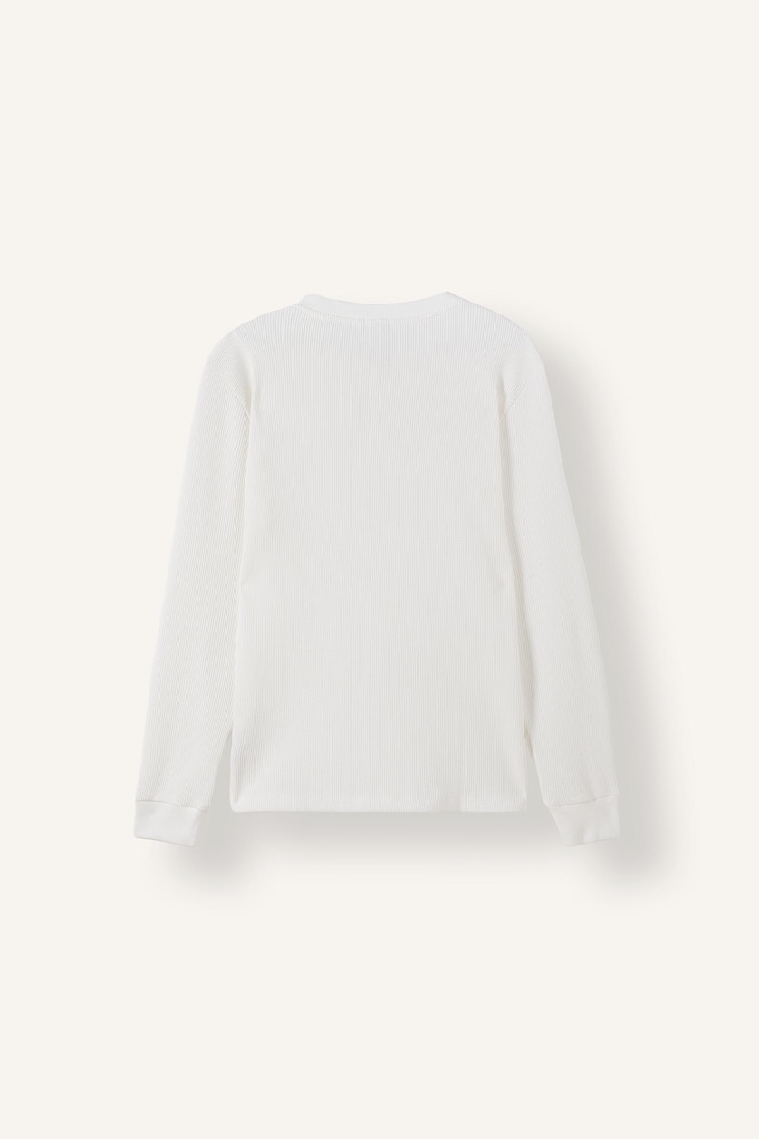 HOMME Écru T-shirt en maille gaufrée à manches longues et col Henley Coupe slim