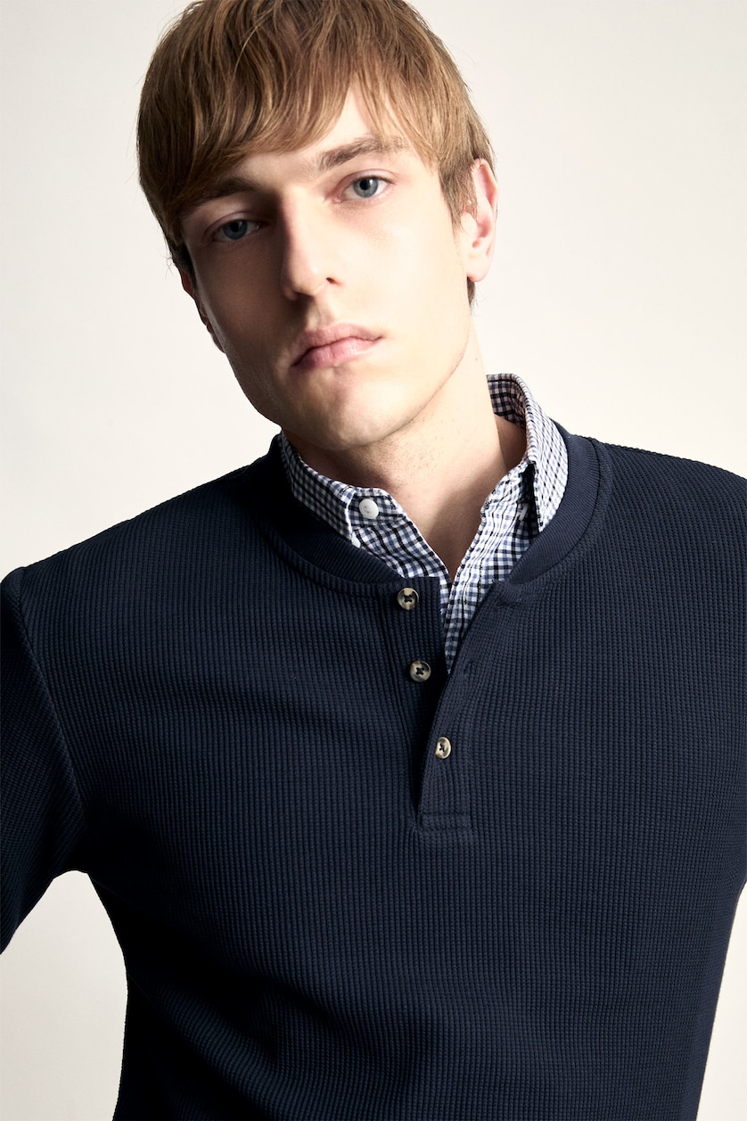 Men NAVY Slim Fit Waffle Cotton Henley Neck Long Sleeve T-Shirt
