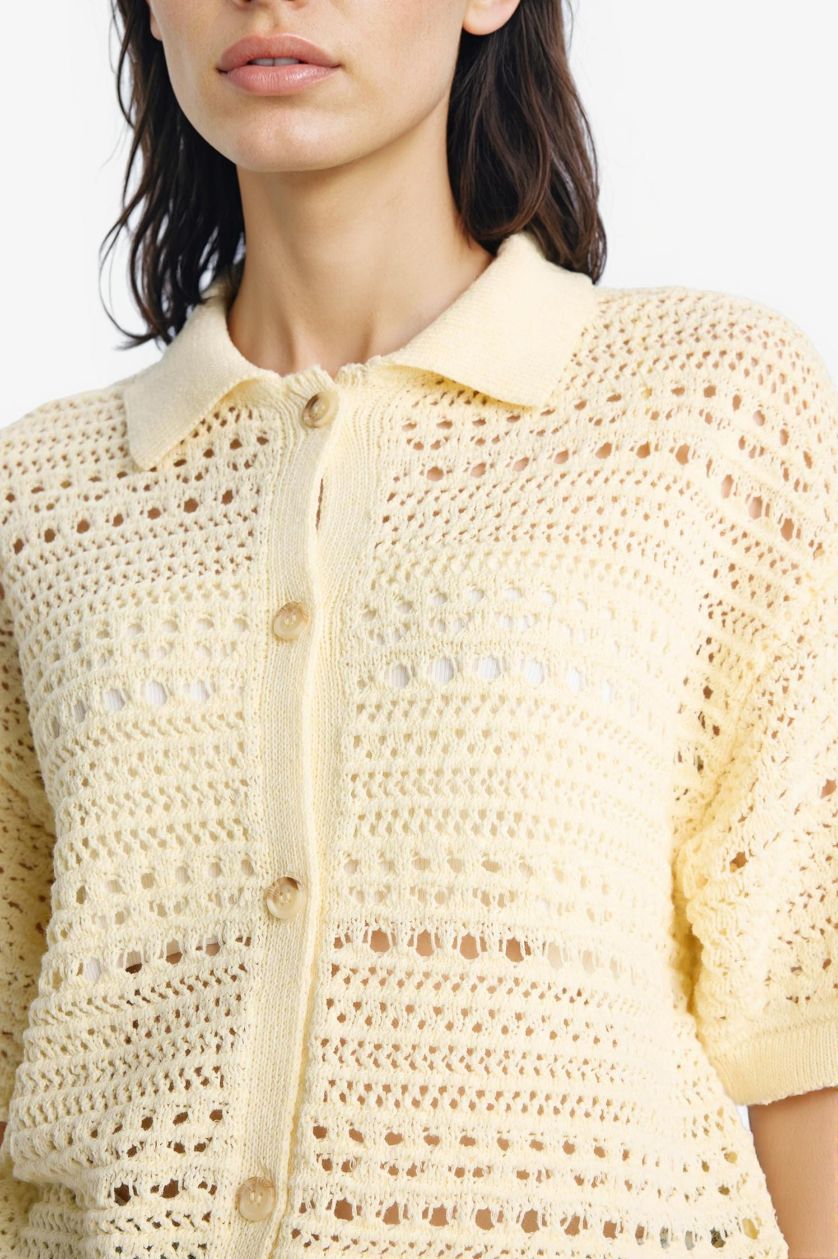 Kadın Sarı Slim Fit Dar Kesim Düğmeli Kısa Kollu Triko Hırka