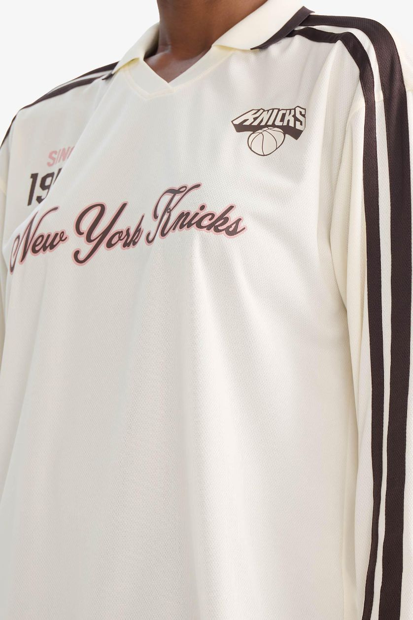 Kadın Ekru NBA New York Knıcks Oversıze Polo Yaka Tül Uzun Kollu Polo Tişört