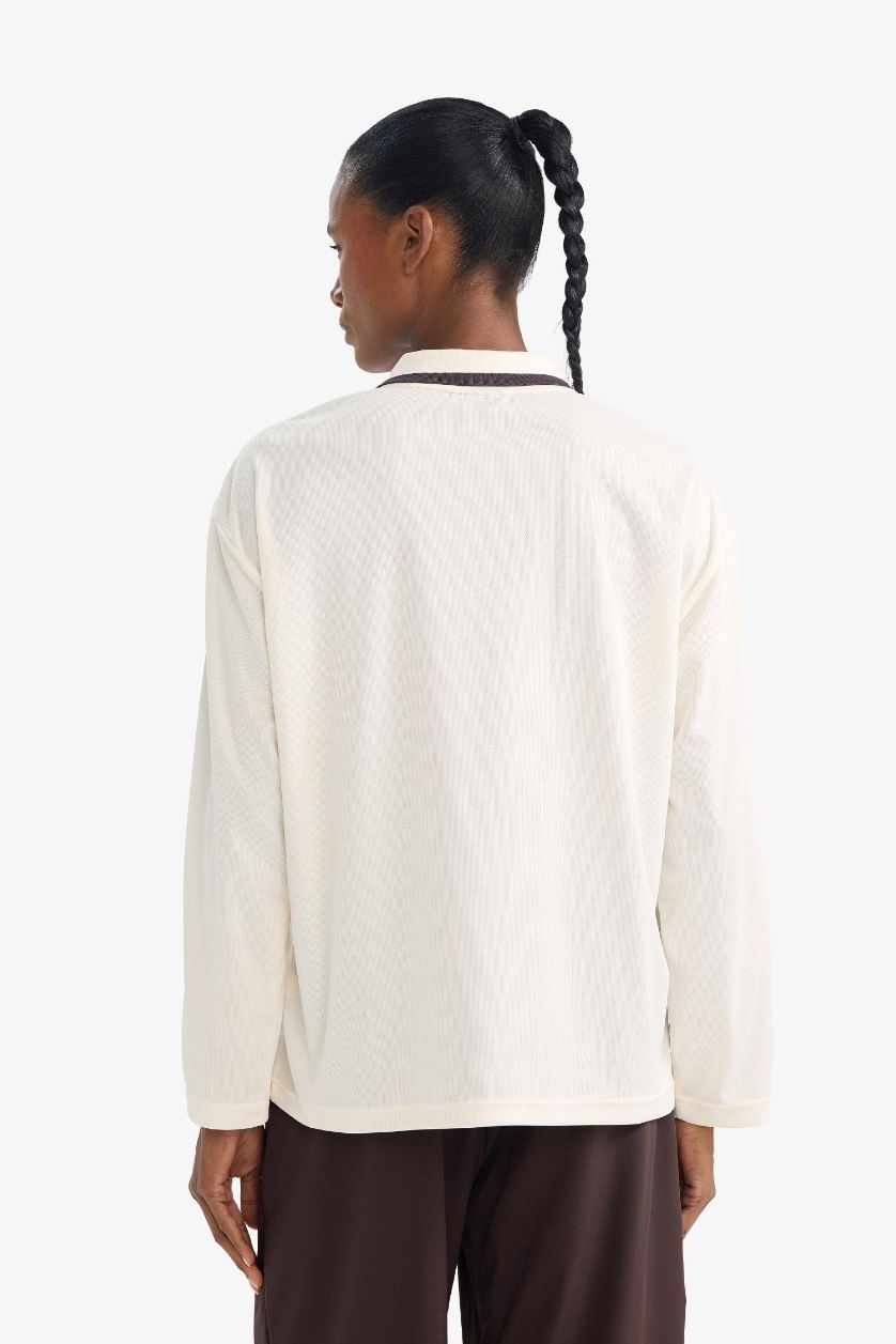 Kadın Ekru NBA New York Knıcks Oversıze Polo Yaka Tül Uzun Kollu Polo Tişört