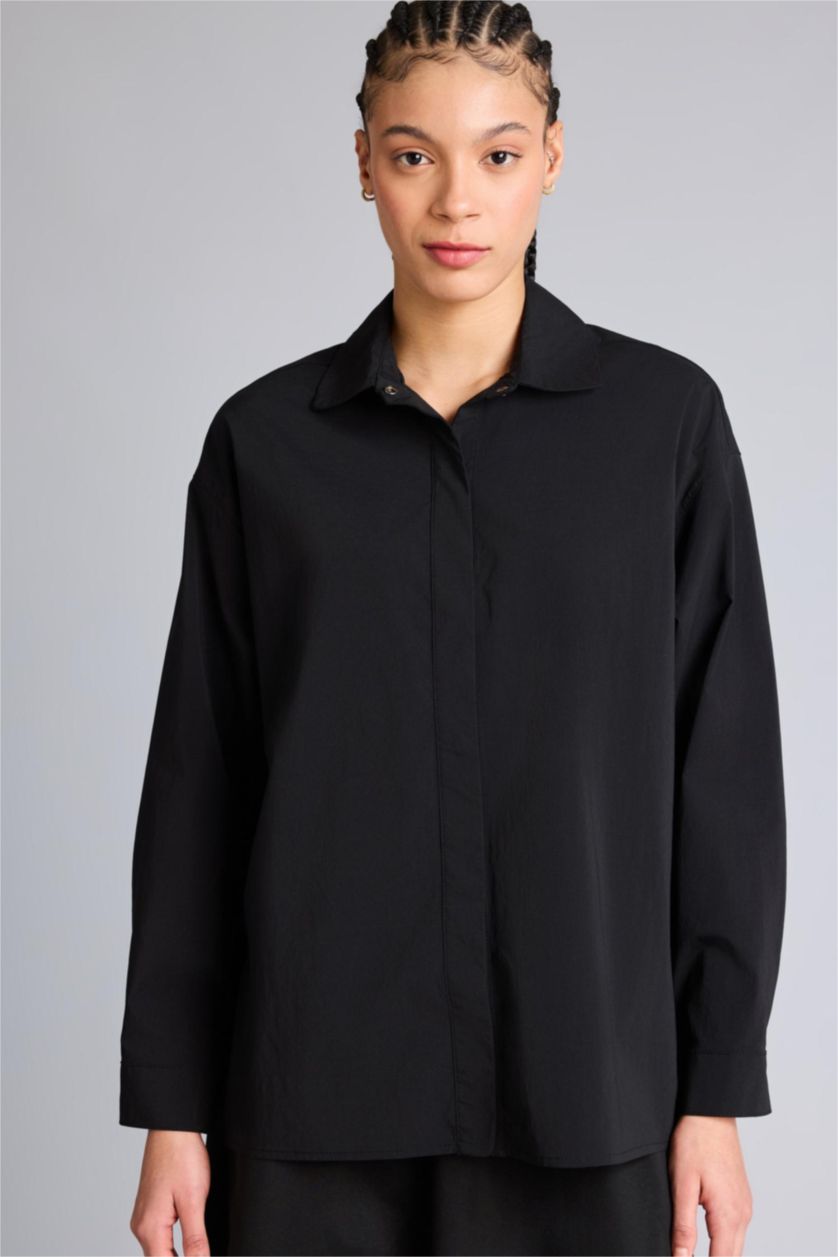 Kadın Siyah Relax Fıt Dokuma Gömlek