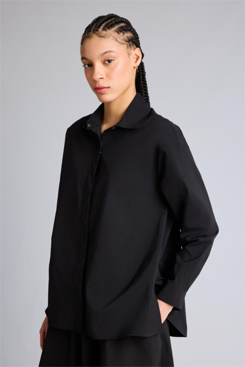 Kadın Siyah Relax Fıt Dokuma Gömlek