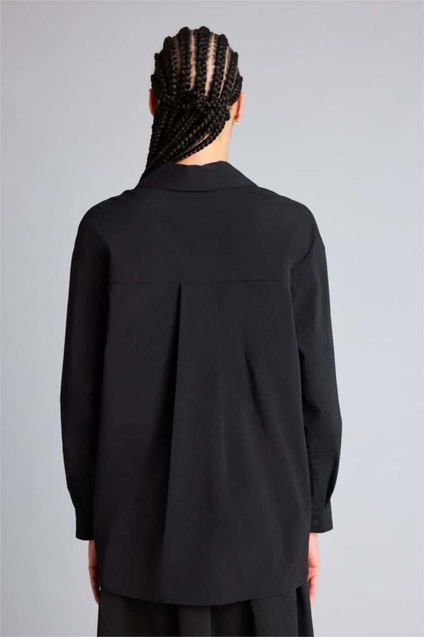 Kadın Siyah Relax Fıt Dokuma Gömlek