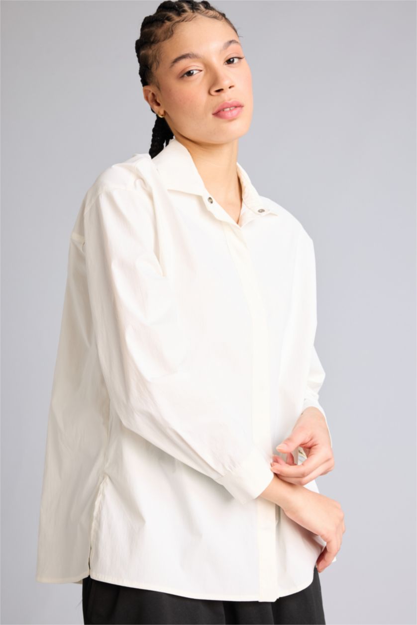 Kadın Ekru Relax Fıt Dokuma Gömlek