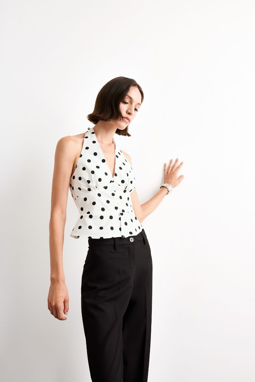 WOMAN Ecru Slim Fit V-Neck Polka Dot Sleeveless Blouse