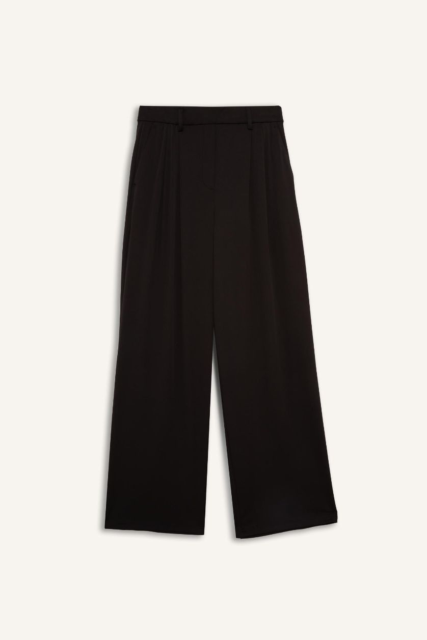 Kadın Siyah Wide Leg Geniş Paça Cepli Pileli Standart Boy Premium Sporcu Pantolon