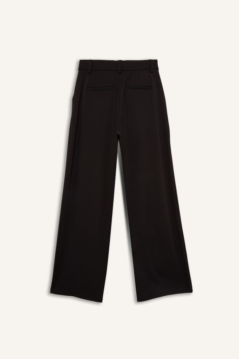 Kadın Siyah Wide Leg Geniş Paça Cepli Pileli Standart Boy Premium Sporcu Pantolon