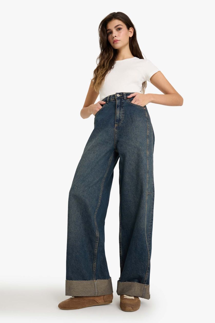 WOMAN Blue Barrel Fit High Waist Long Jeans
