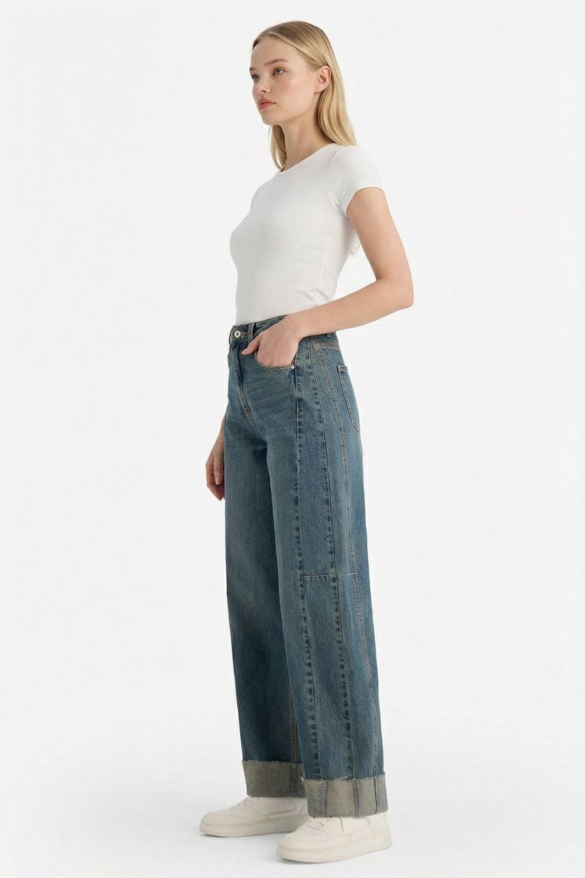 Woman Dark Blue Barrel Fit High Waist Long Washed Jeans