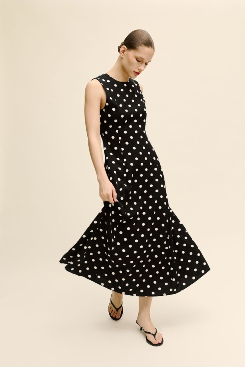 Kadın Siyah Bisiklet Yaka Puantiye Poplin Kısa Kollu Midi Elbise