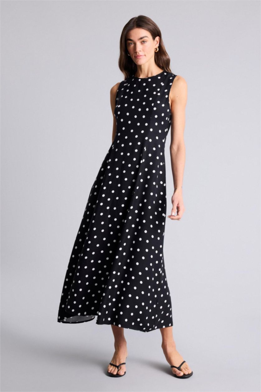 Kadın Siyah Bisiklet Yaka Puantiye Poplin Kısa Kollu Midi Elbise