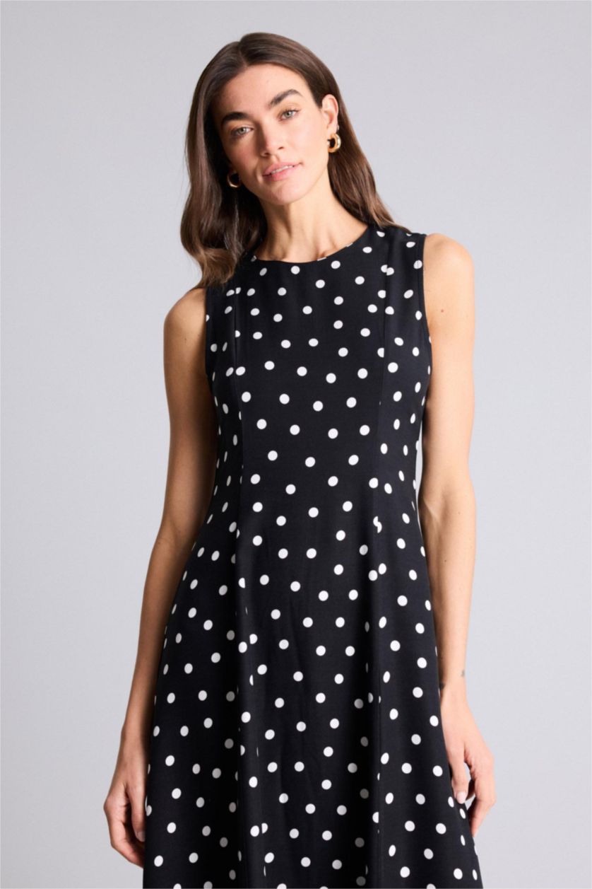 Kadın Siyah Bisiklet Yaka Puantiye Poplin Kısa Kollu Midi Elbise