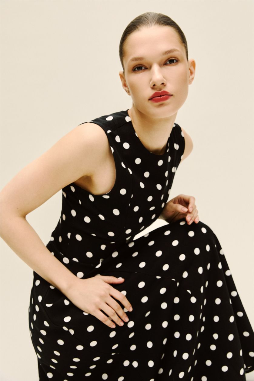 Kadın Siyah Puantiyeli Poplin Midi Elbise