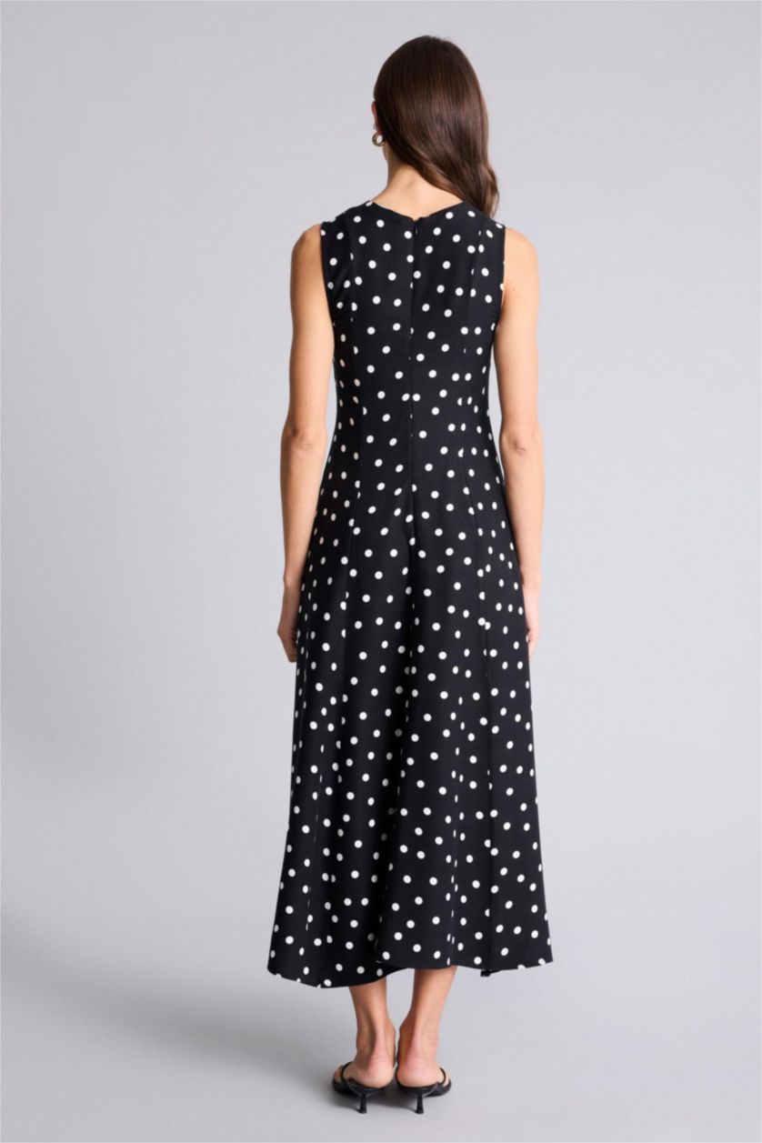 Kadın Siyah Bisiklet Yaka Puantiye Poplin Kısa Kollu Midi Elbise