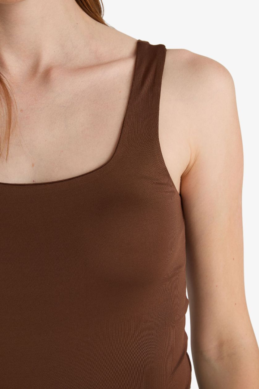 Kadın Kahve Kare Yaka Basic Düz Çıtçıtlı Body