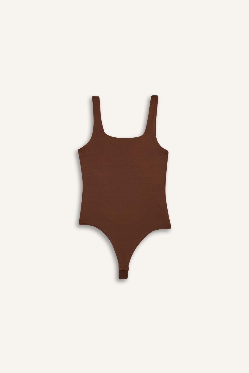 Kadın Kahve Kare Yaka Basic Düz Çıtçıtlı Body