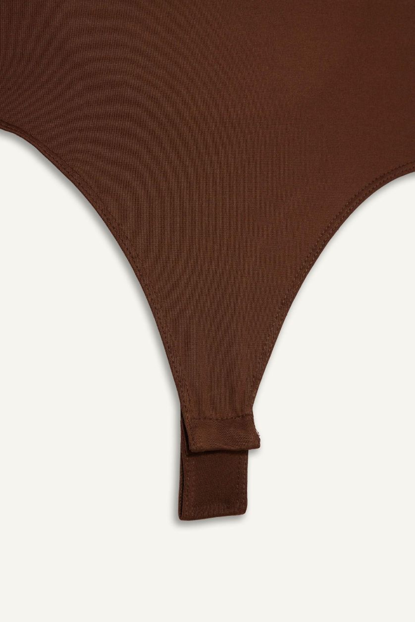 Kadın Kahve Kare Yaka Basic Düz Çıtçıtlı Body