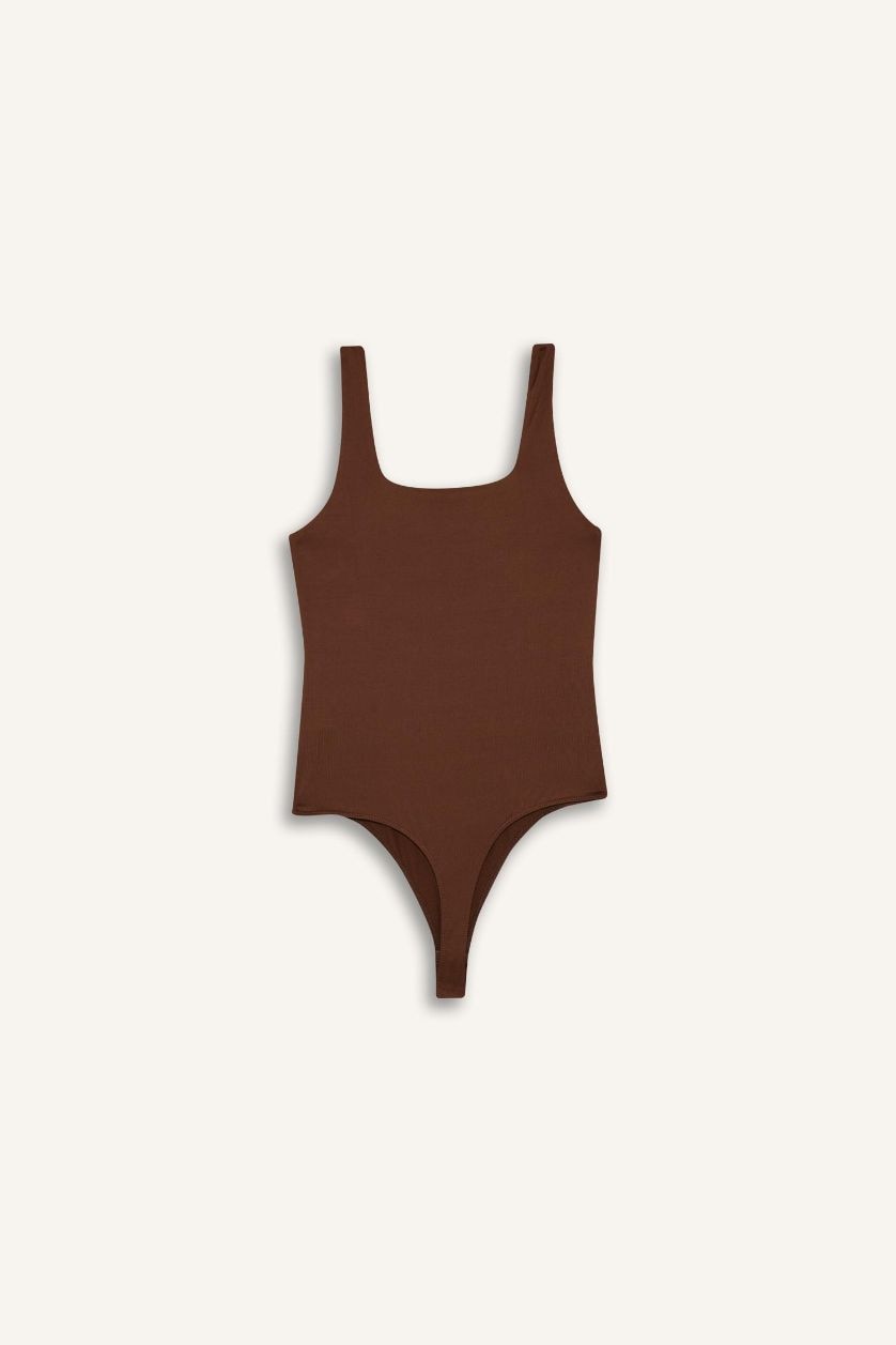 Kadın Kahve Kare Yaka Basic Düz Çıtçıtlı Body