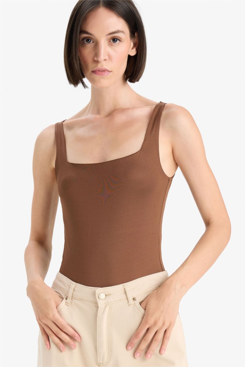 Kadın Kahve Kare Yaka Basıc Çıtçıtlı Body