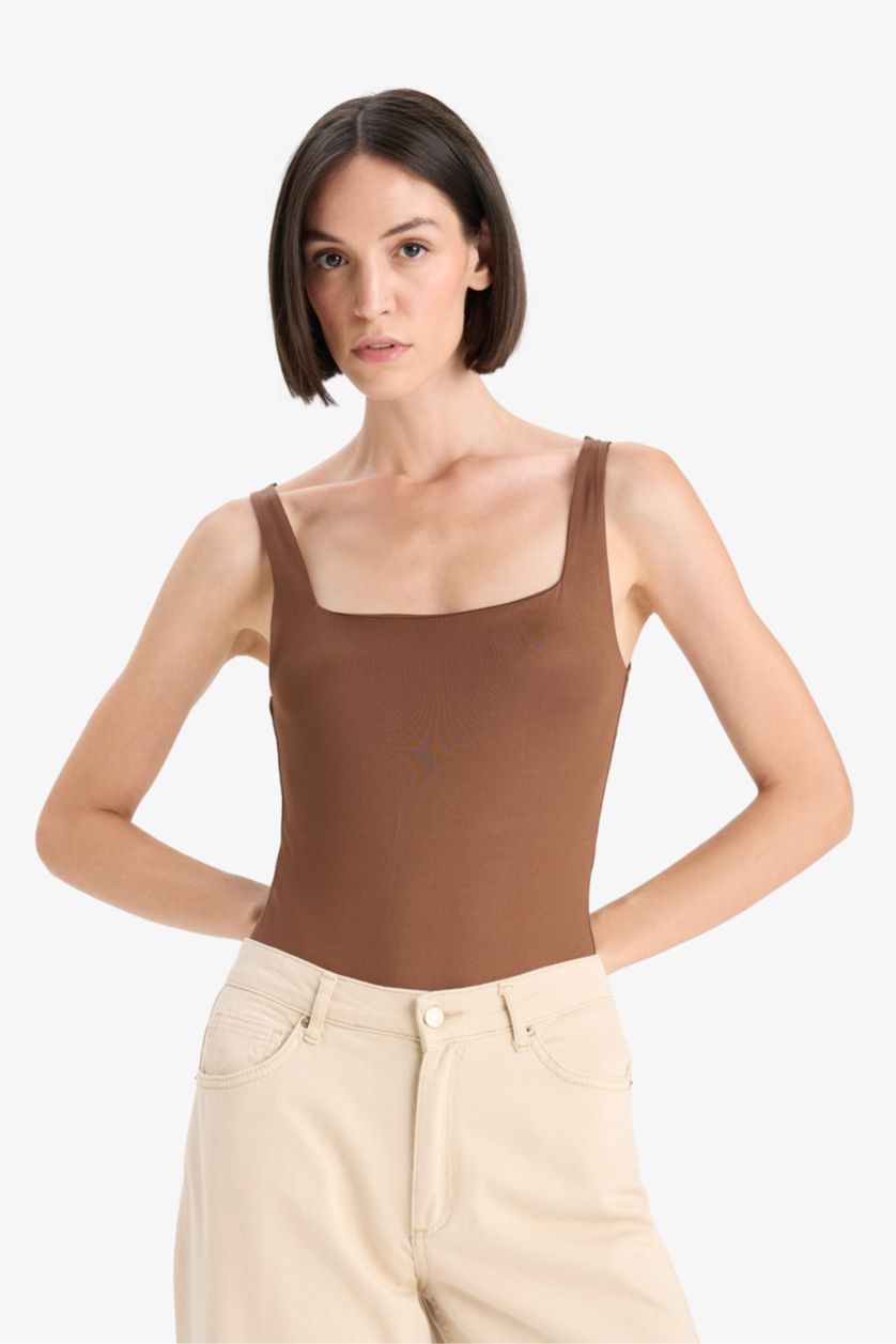 Kadın Kahve Kare Yaka Basıc Çıtçıtlı Body