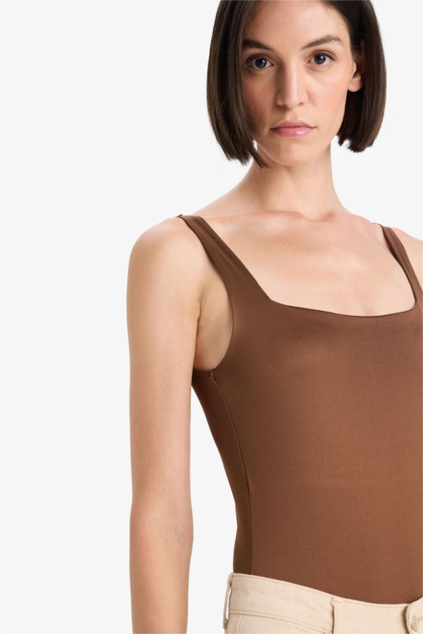 Kadın Kahve Kare Yaka Basıc Çıtçıtlı Body