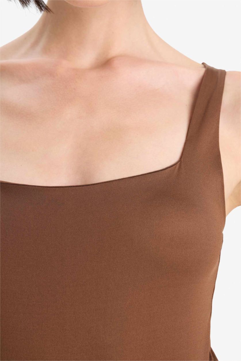 Kadın Kahve Kare Yaka Basıc Çıtçıtlı Body