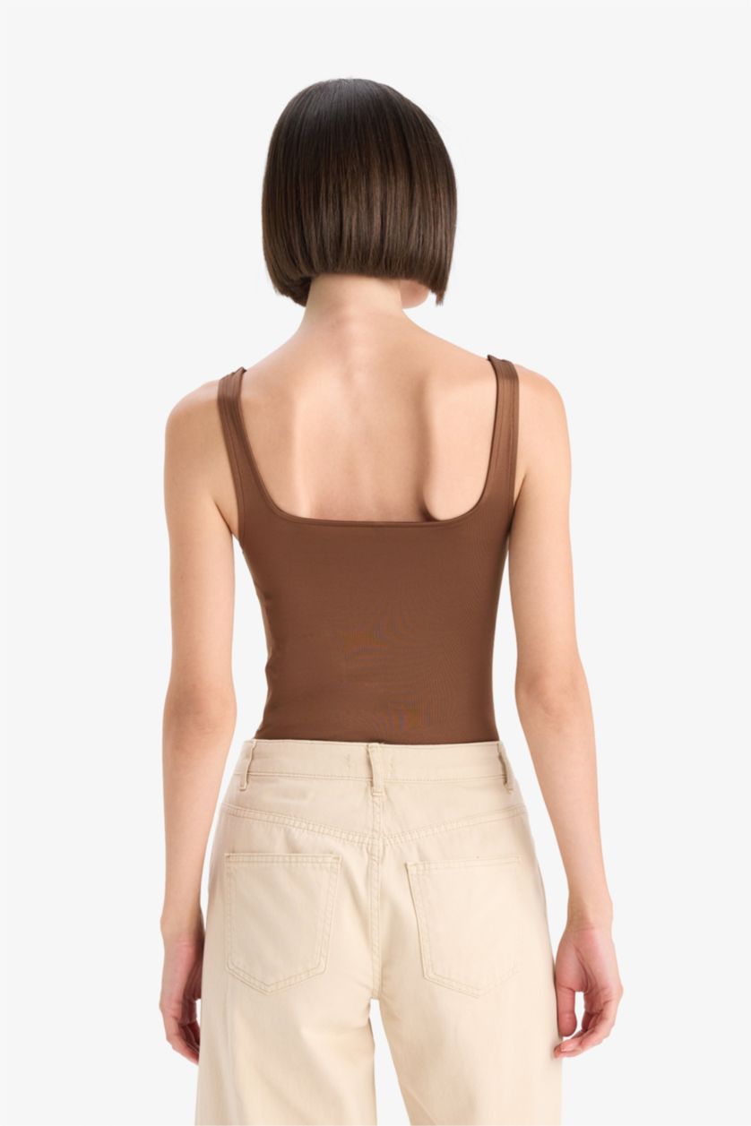 Kadın Kahve Kare Yaka Basıc Çıtçıtlı Body